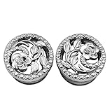 Jewelry 1ペア耳プラグトンネルステンレス鋼パンクスタイルクリエイティブ中空花耳ゲージラインストーンボディピアスジュエリー男性と女性のためのフレア担架エキスパンダー、サイズ：6 mm、色：ローズゴールド (Color : Silver, Size : 14mm)