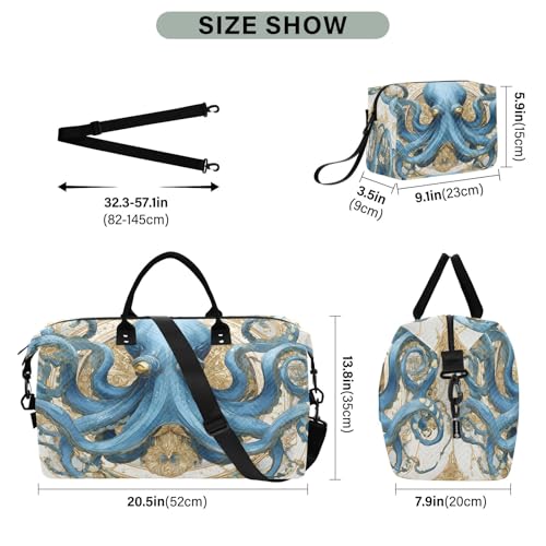 Weekender Bags Travel Duffel Gym Bag Blue Octopus Carry on Overnight Tote Bag with Toiletry Bag for Airplane Travel Trip Gym Yoga3