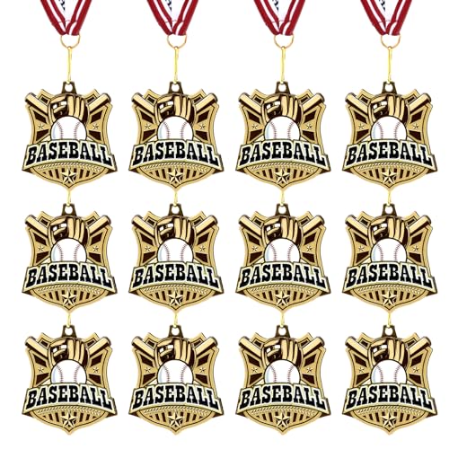 Ecation 12 pcs Baseball Medals 2 Inch Baseball Team Awards Softball Metal Medals Gold Sports Award with Neck Ribbon for Kids