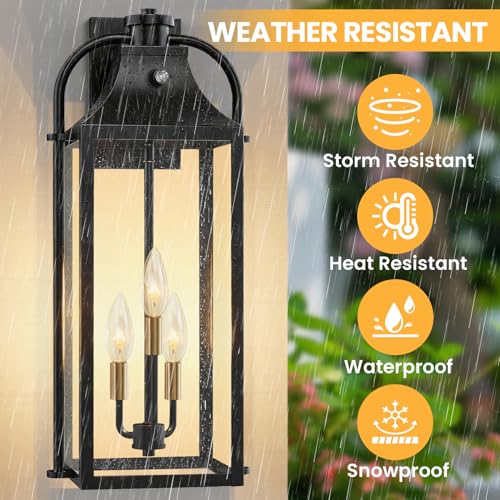 Image of Exterior Lighting Fixtures, 24 inch Jumbo Foyer Lighting Fixtures, 2 Pack Dusk to Dawn Outdoor Lighting, 3-Light Waterproof Aluminum Wall Lanterns, Black Modern Front Door Wall Decor for Outside, Entrance