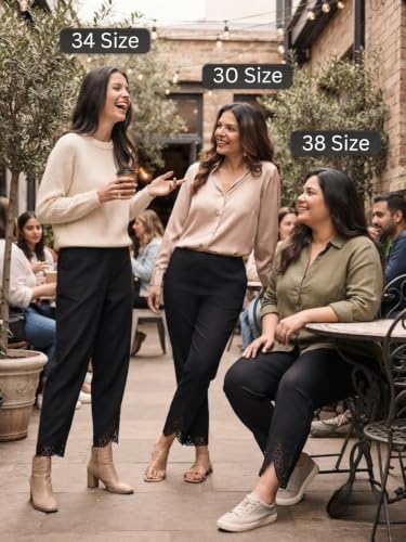 Image of Leriya Fashion Trousers for Women | Cotton Ethnic Palazzo Pants with Lace Embroidery | Elastic Waist Wide Leg Casual Women Trousers | Comfortable Summer Woman Trouser Pants