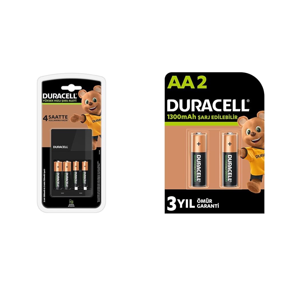 Duracell Cef14 4 Saat Pil Şarj Cihazı, 1 Adet + 2'şer Adet Şarj Edilebilir AA ve AAA Pil (Duracell CEF 14 Şarj Aleti, 1 Adet) + Duracell Şarj Edilebilir AA 1300 mAh Kalem Piller, 2'li