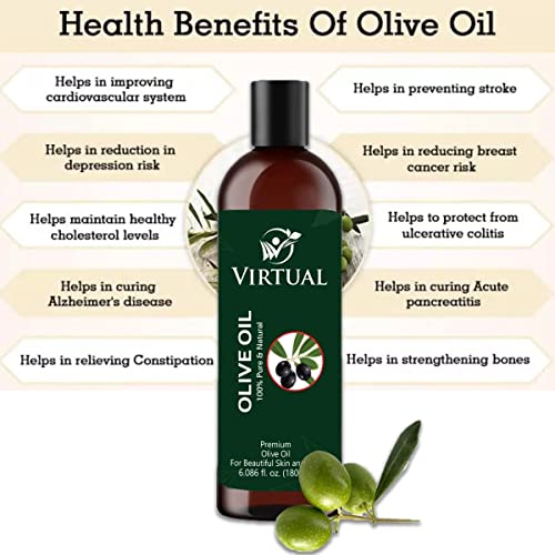 Image of VIRTUAL 100% Pure Natural Olive Oil For Shine & Stronger Hair, Skin Care & Cold Pressed Natural Oil for Multipurpose Use (180ml)-Pack of 2