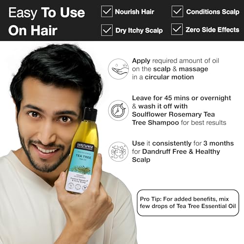 Image of Soulflower Tea Tree Hair Oil | Hair Growth, Scalp Nourishment, Anti Dandruff | Pure, Natural, & Cold Pressed | Tea Tree Essential Oil, Castor, Sesame, Olive & Jojoba Oil | 120ml