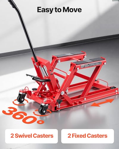 Image of VEVOR Hydraulic Motorcycle Lift Jack, 1500 lbs Capacity, ATV Lift Jack Portable Motorcycle Hoist Stand with 4 Wheels, 4.5 inch-15.2 inch Height Range, Hydraulic Foot-Operated Hoist Stand for ATVs, Dirt Bikes