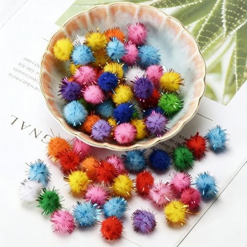 Gleemix Glitzer Mini Pompons zum Basteln, 200 Stk 1.5cm Bunt Wattebällchen Mini Pompoms, Glitzer Basteln Pom Poms Kit, Für Ostern Konfetti Kostüm Kinder Schultüten, Lustige Bastel & DIY Cat Toy Bälle