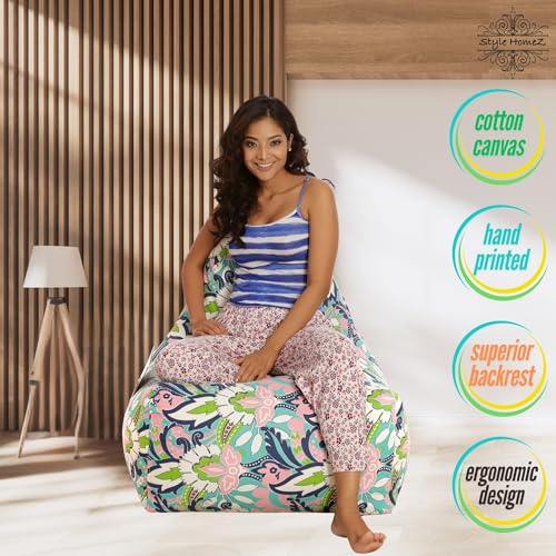 Image of Style Homez Hackey Cotton Canvas Floral Printed Bean Bag XXL Size Filled with Beans Fillers