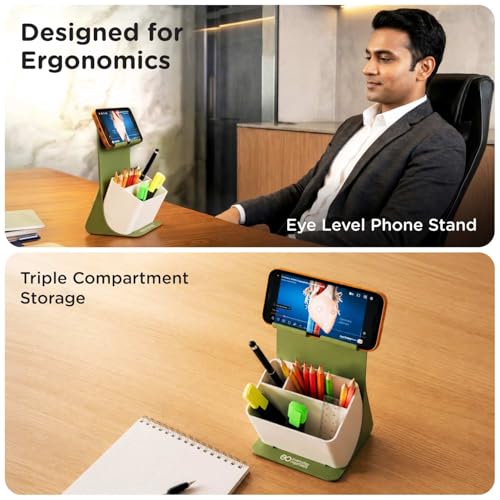 Image of eo Pen Stand for Study Table Stylish with Phone Holder Apex, Olive & Beige