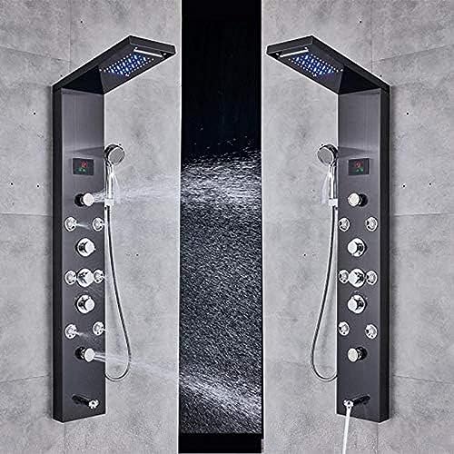 Columna de ducha LED con panel LCD, hidroeléctrica, cascada y tres mandos, color negro miniatura 4