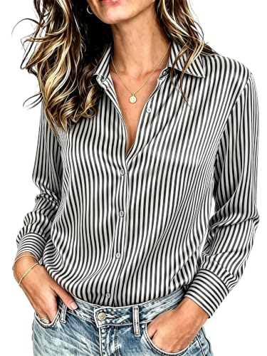 Image of Premium Soft Breathable Stretch Satin Silk Button Down Shirts for Women Long Sleeve Leopard Blouses Work Dress Tops