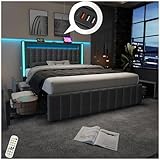 Racxily Cama acolchada con LED y función de carga USB tipo C, cama de matrimonio con 4 cajones, 160 x 200 cm, somier de láminas de madera, gris