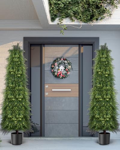 Image of 2 Pack 6ft Artificial Cedar Topiary Trees, Outdoor Artificial Plants for Front Porch Decor, Artificial Shrubs Fake Plants Uv Rated Potted Plants for Outdoor, Indoor, Front Door, Office.