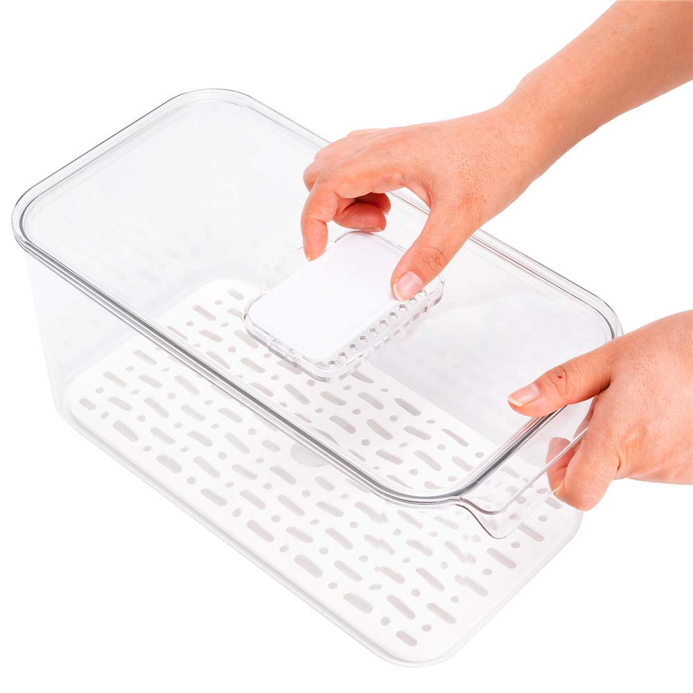 SANNO Produce Saver - Contenedores organizadores de refrigerador con tapas y bandeja de drenaje extraíble, contenedor de almacenamiento de alimentos, contenedores apilables para congelador, para