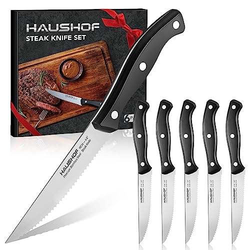HAUSHOF Steak Knives Set of 6, Premium Stainless Steel with Gift Box