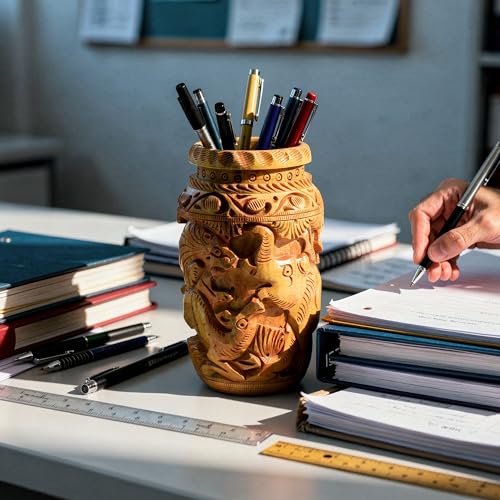 Image of Craft Trade 13x6 Cm Wooden Pencil holder Hand Carved Elephant Pattern - Elephant Brown