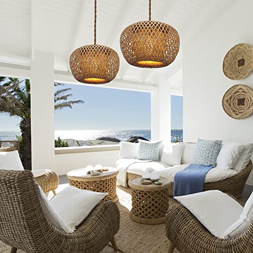 Yiizon Plug In Pendant Light Fixture With Hand Woven Bamboo Lamp Shade Dimmer Switch Hanging Lights With Plug In Cord Boho Wicker Rattan Hanging Lamp For Living Dinning Room Bedroom Kitchen Island #TOP1