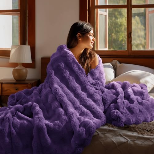 Image of BEDELITE Faux Fur Throw Bubble Blanket for Couch, 60 inch x 80 inch, Purple | 870GSM Soft Cozy Plush Blanket for Sofa & Bed Living Room Decor, Warm Fuzzy Faux Rabbit Fur for Women Gift, All Season Use