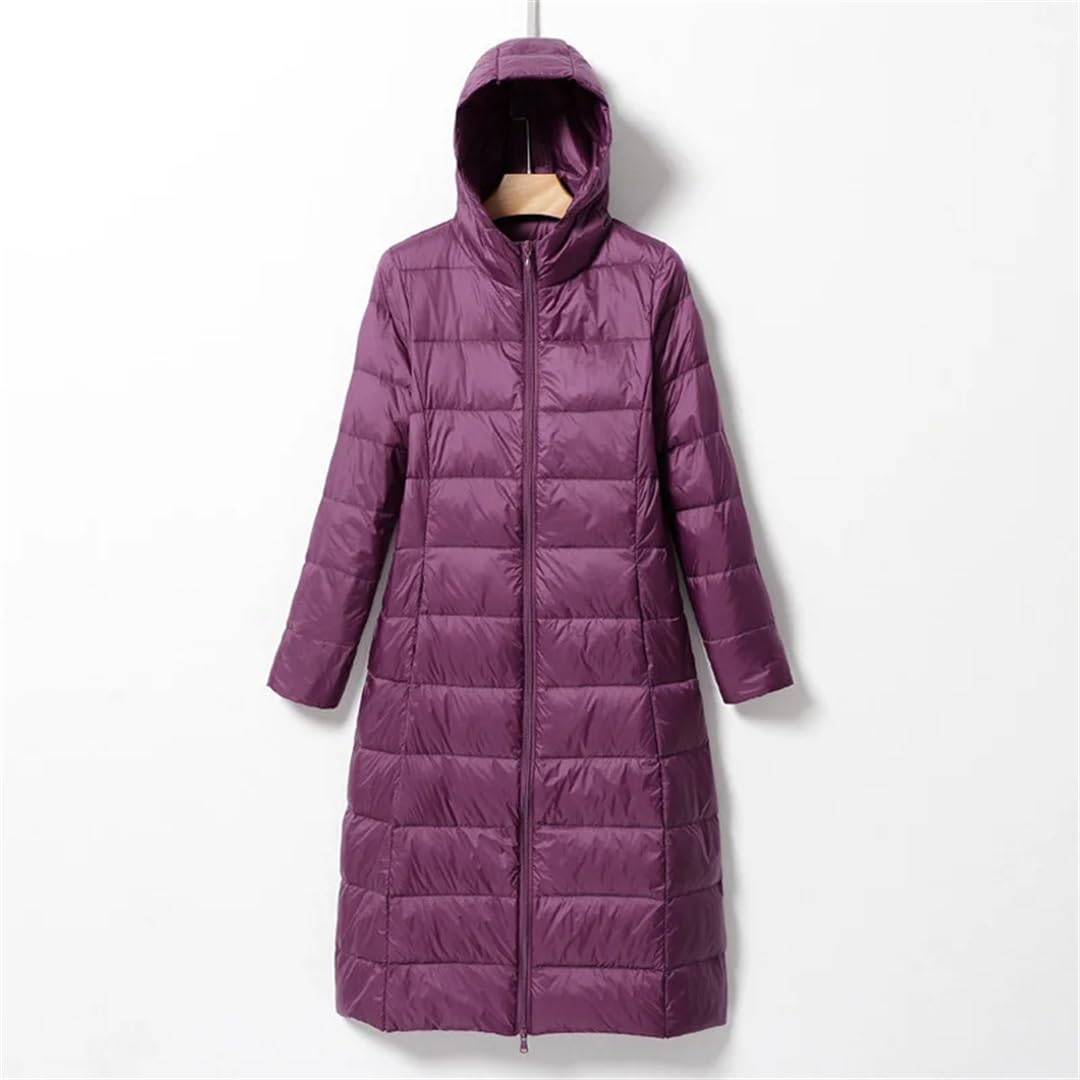 Yeuyyben Piumino lungo da donna, ultra leggero, al ginocchio, alla moda, slim fit, con cappuccio, piumino casual