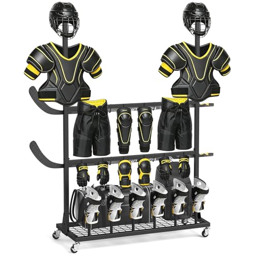 ikkle Hockey Gear Drying Rack with Storage Shelf & Wheels Ice Hockey Stick Holder Equipment Dryer for Ice Hockey Lacrosse Large Display Rack Sports Metal Shelving Tree Stand for Home Locker Room