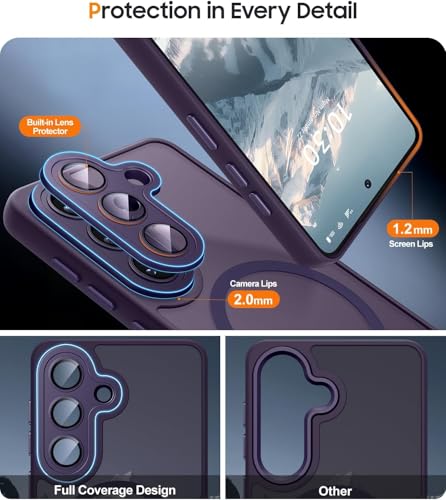 Image of Elzzi MagSafe Compatible Case for Samsung Galaxy A37 5G - Matte Shockproof Hybrid Protective Cover with Built-in Camera Lens Protection, Slim Anti-Fingerprint TPU+PC Back Case (Deep Purple)