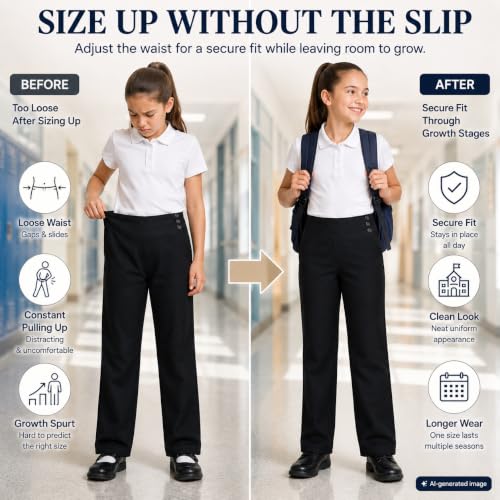 Image of Bienzoe Girls School Uniform Pant: Kids Adjustable Waist Durable Straight Leg Dress Trouser