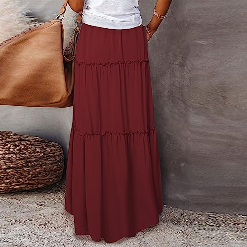 Womens Pleated A-Line Elastic High Waist Maxi Skirt 2025 Summer Casual Flowy Swing Boho Long Beach Dress4