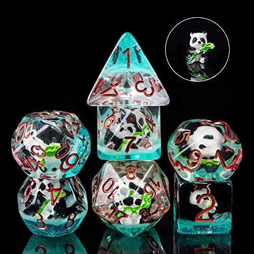 Image of Cusdie 7-Die Dice DND, Polyhedral Dice Set Filled with Animal, for Role Playing Game Dungeons and Dragons D&D Dice MTG Pathfinder (Panda w /Bamboo)