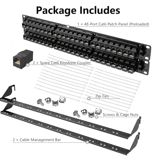 Image of Jadaol [UL Listed] 48 Port Patch Panel Rackmount or Wall Mount 19-Inch, 2U Cat 6 Network Panel Preloaded with 48 Keystone Couplers Plus 2 Spare, 10Gbps Ethernet Panel with Cable Management & Back Bar
