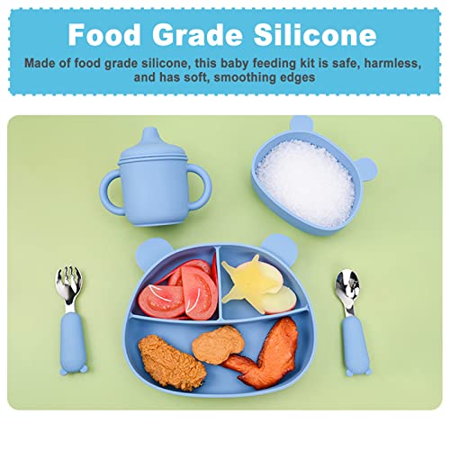 5 pçs Kit de alimentação do bebê, placa de design de urso de silicone de grau alimentício tigela cop