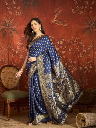 Image of Elegant Banarasi Silk Blend Saree with Gold Zari Woven Floral Border