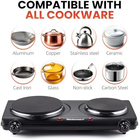 Elite Gourmet EDB-302BF# Countertop Double Cast Iron Burner, 1500 Watts Electric Hot Plate, Temperature Controls, Power Indicator Lights, Easy to Clean, Black - 5