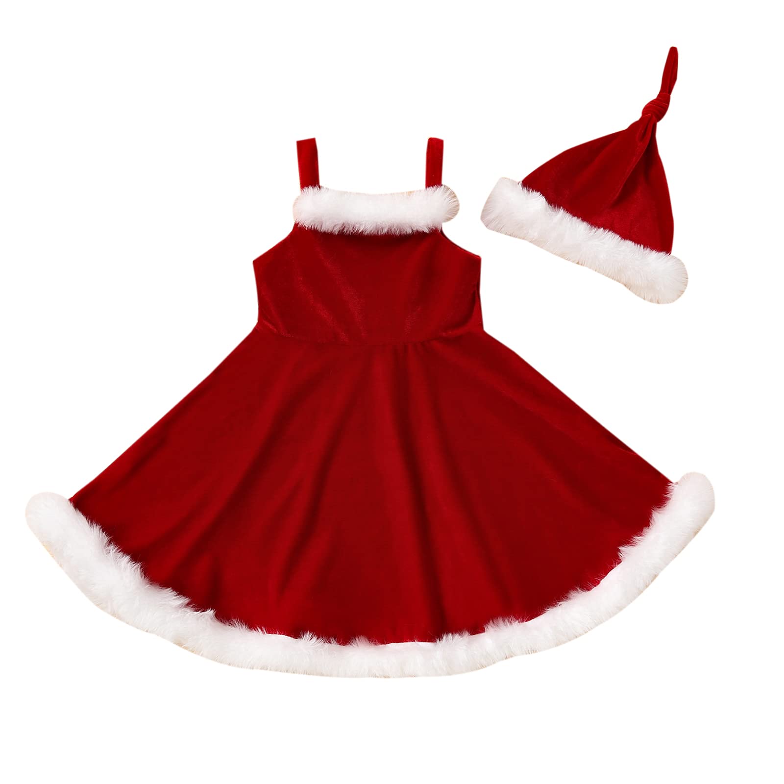 Abito Di Natale Per Bambina 2 Pezzi - Vestito Senza Maniche Con Orlo In Peluche E Cappello Annodato, Rosso, Taglie 18 Mesi - 6 Anni