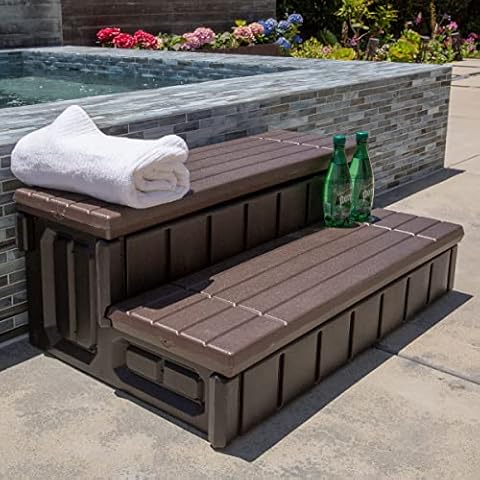 XtremepowerUS Universal 2 Slip-Resistant Spa & Hot Tub Step Outdoor Indoor Compartment Spa Step with Storage, Brown/Black Cover