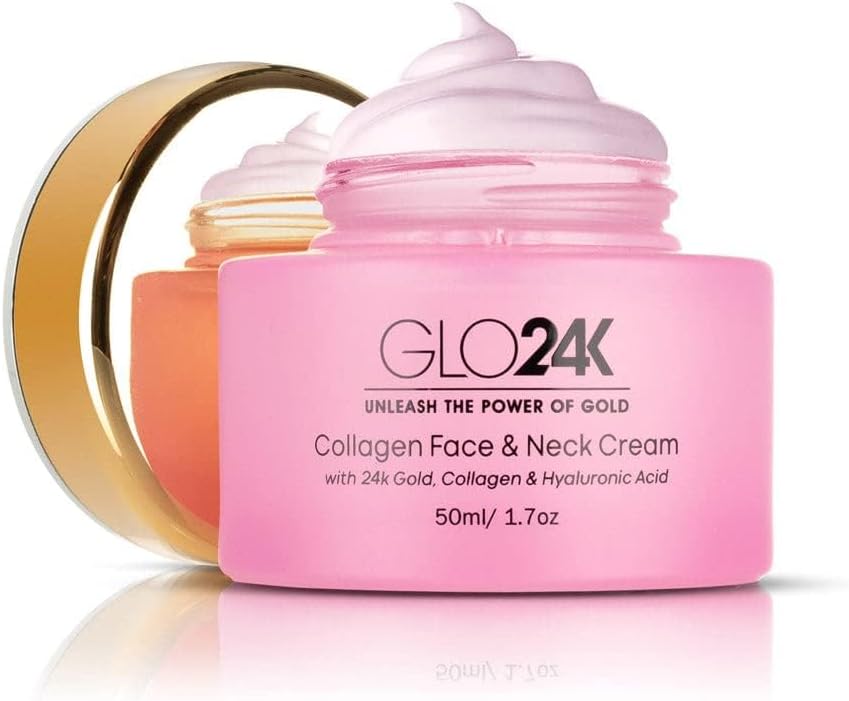 GLO24K Collagen Face and Neck Cream with 24k Gold, Collagen and Hyaluronic Acid. Boost your Skin’s Collagen Levels for a Radiant, Glowing Skin.