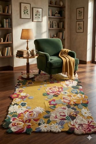 Floral Hand-Tufted Wool Rug in Ochre Yellow, Vintage-Inspired Botanical Area Rug, Cottagecore Floral Accent for Living Room, Bedroom, or Office Décor, 3x5 Ft