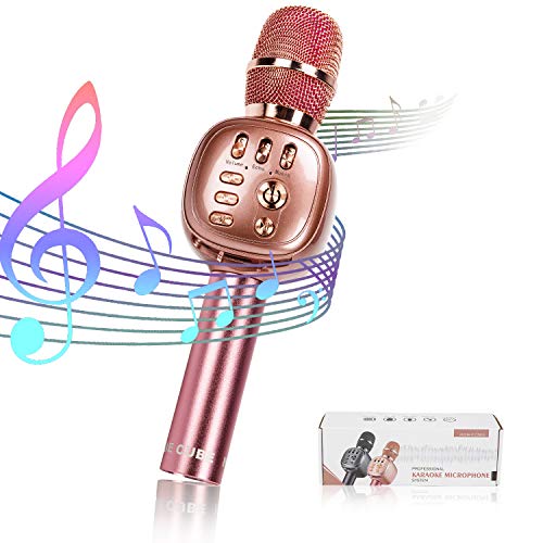 NINE CUBE Karaoke Microphone,3-in-1 Portable Wireless Bluetooth Karaoke Mic, Karaoke Player,Colorful LED Light, Gift for Friends and Kids, Compatible with All Smart Digital Products (Rose Gold)