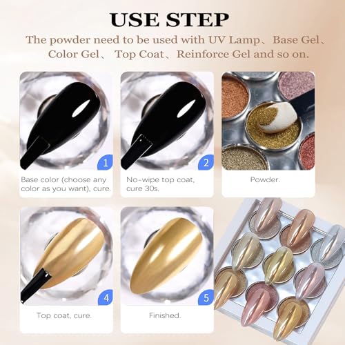 Image of 9 Colors Chrome Nail Powder Palette, Gold Silver Pink Metallic Mirror Holographic Chrome Powder for Nails, Fine Glitter Nail Art Decoration for Home DIY Salon Manicure Pigment, C