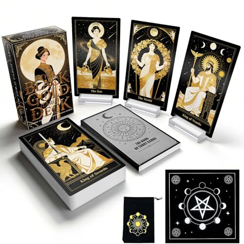 Veenkeny Black Gold Moon Phase Tarot Cards for Beginners, 78 Golden Tarot Deck with Guidebook, Complete Set Including Altar Cloth, 3 Acrylic Stands and Bag, for Daily Divination and Learning