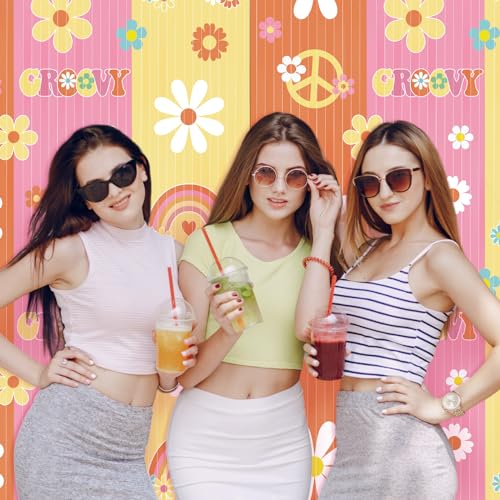 Image of WovWeave 2 Pack Groovy Party Decoration 3.3 x 6.6 ft Groovy Foil Fringe Backdrop Orange Yellow Pink Tinsel Curtains Hippie Boho Photo Booth Props for Retro Boho Hippie Birthday Party Decor
