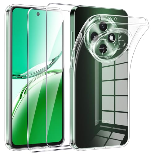 Phoona Cover per OPPO Reno 12 F/Reno 12 FS 5G/4G Custodia con 2 Pellicola Vetro Temperato,Ultra Sottile Trasparente Silicone Protettiva Case per OPPO Reno 12 F 5G/4G Sottile Morbida Antiurto Cover