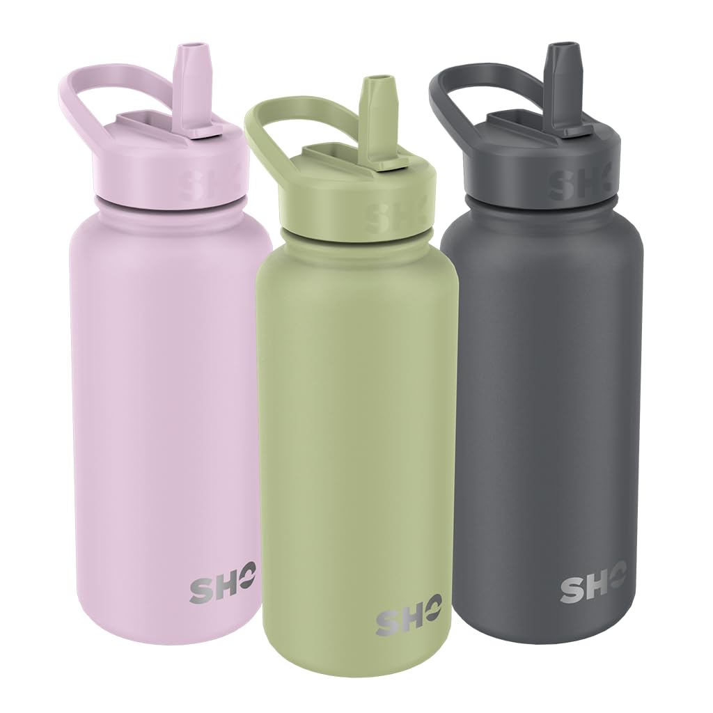 SHO Guzzler Water Bottle with Straw Lid, Leakproof, Dishwasher Safe, BPA Free, No Sweat