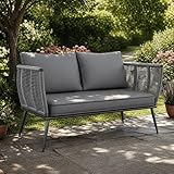 LIFERUN Rattan Lounge Sofa 2 Sitzer,Balkonmöbel,Couch,Kleiner Balkon Wintergarten Garten Terrasse Möbel Outdoor&Indoor, Gartenbank Wetterfest, Sitzbank mit Lehne,Grau