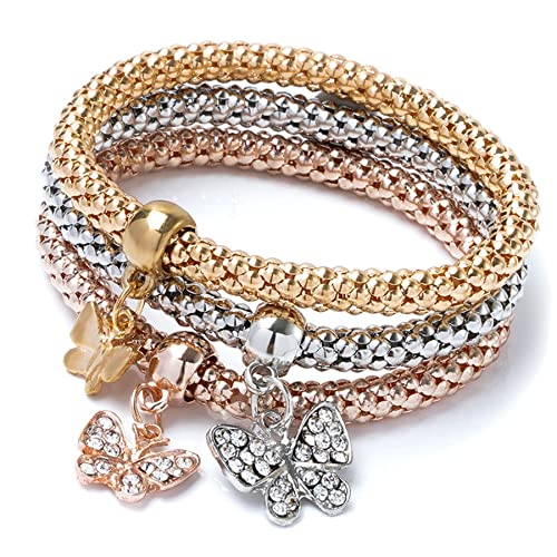 12PCS Gold/Silver/Rose Gold Corn Chain Bracelet Crystal Multilayer Butterfly Heart circle Life tree locket Charming Stretch Bracelet for Women SZ063