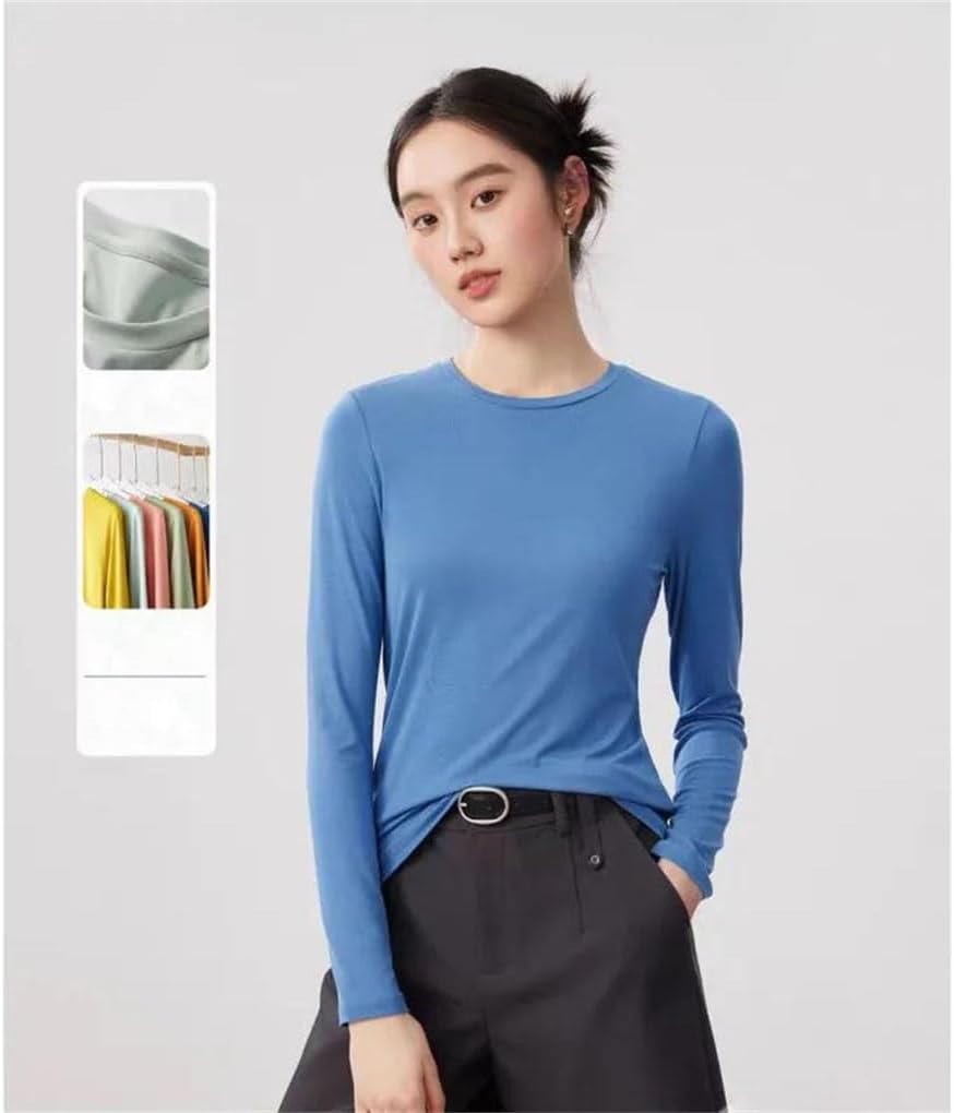 Women Long Sleeve Thread T-Shirts Smooth Knitted Solid Color Basic Soft Bottoming T-Shirts Tops