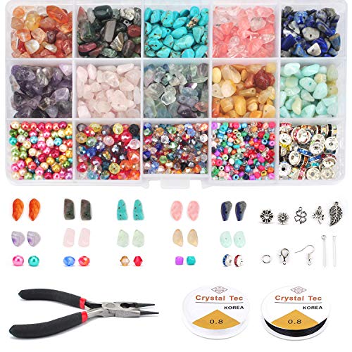 Daedalus Irregular Chips Stones Beads Kit Natural Gemstone Beads Stones with Pony Seed Beads,Rondelle Spacer,Earring Hook,Jump Rings,Elastic String for DIY Jewelry Earring Bracelet Making