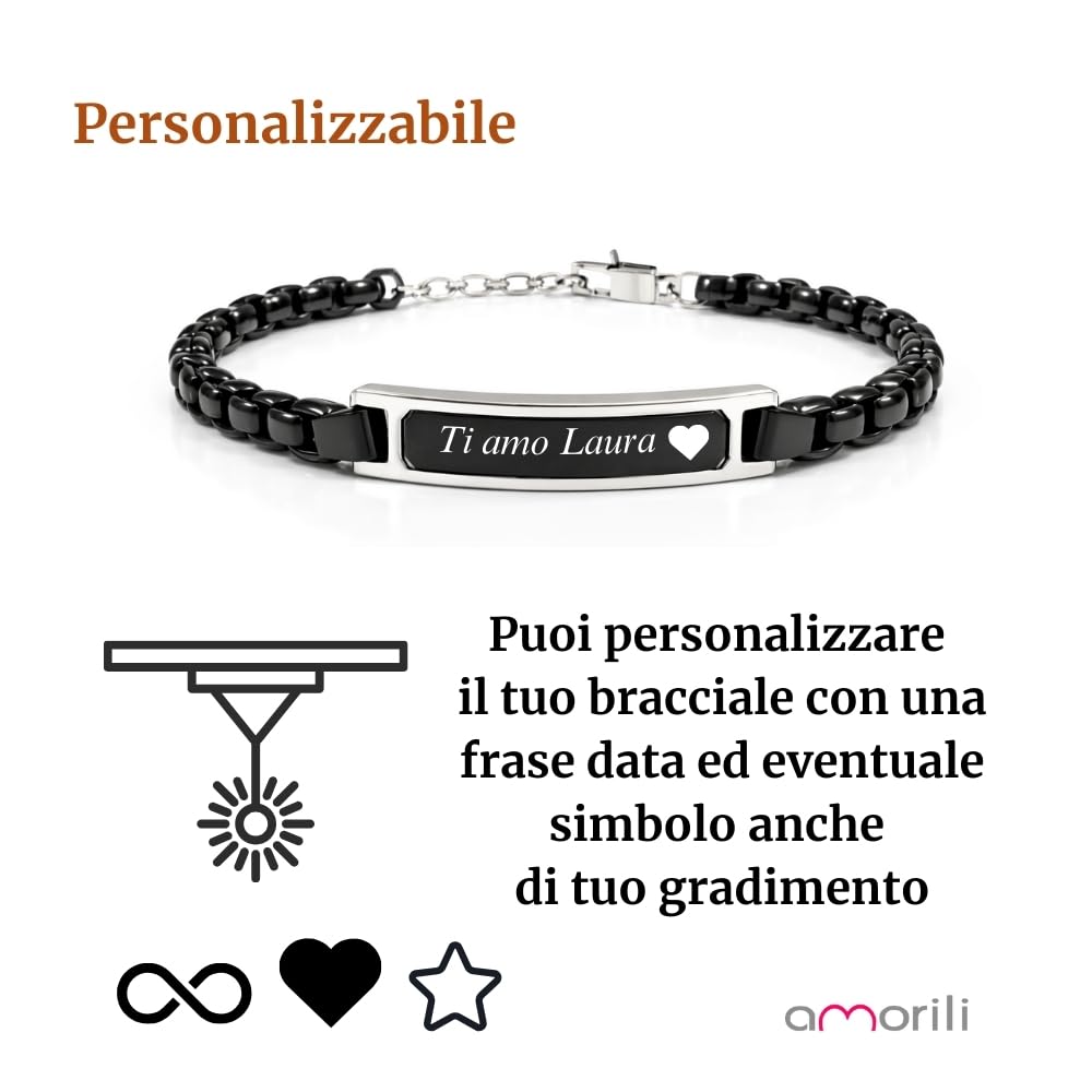 Bracciale Uomo Personalizzabile con Incisione in Acciaio Inox Classico e Nero – Gioiello Maschile Personalizzato con Frasi e Date – Idea Regalo Uomo bcc3174