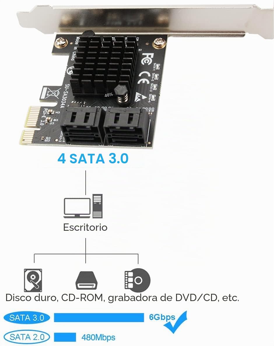 Tarjeta PCIE3.0 Con 4 Puertos SATA y Cables, Controlador de Expansión Con Soporte de Perfil Bajo, Asmedia1062 Non-Raid, Arranque Como Disco del Sistema