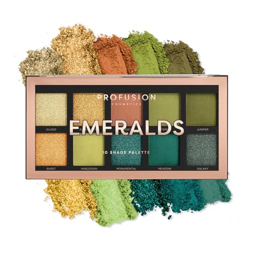 Profusion Cosmetics Emeralds 10 Shade Eyeshadow Palette – Pigmented & Blendable Green Tones, Matte & Shimmer Finishes for Versatile Eye Looks, Travel-Friendly & Cruelty Free Makeup
