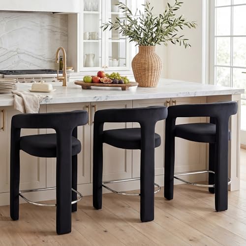 Image of HNY Modern Barrel Bar Stools Set of 3, 26 Inch Upholstered Velvet Counter Height Barstools with Open Back and Armrests, for Kitchen Island, Home Bar, Dining Room, No Assembly, Black