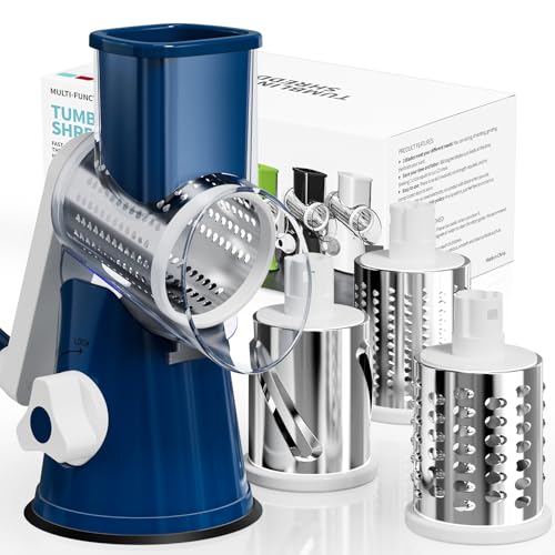 Nexsujo Rotary Cheese Grater Hand Crank, 3 Blades Slicer Shredder, Cheese Grater for Kitchen, Multi-Functional Kitchen Tool for Vegetables, Nuts, Chocolate, with Strong Suction Base, Dark Blue